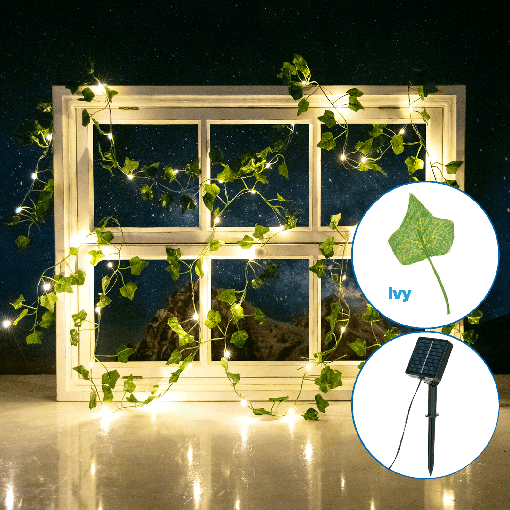 [B1020146P] Aigostar Solar artificial plant Linear Greenery Ivies Dark green leaves Warm light 2M+10M 100LED