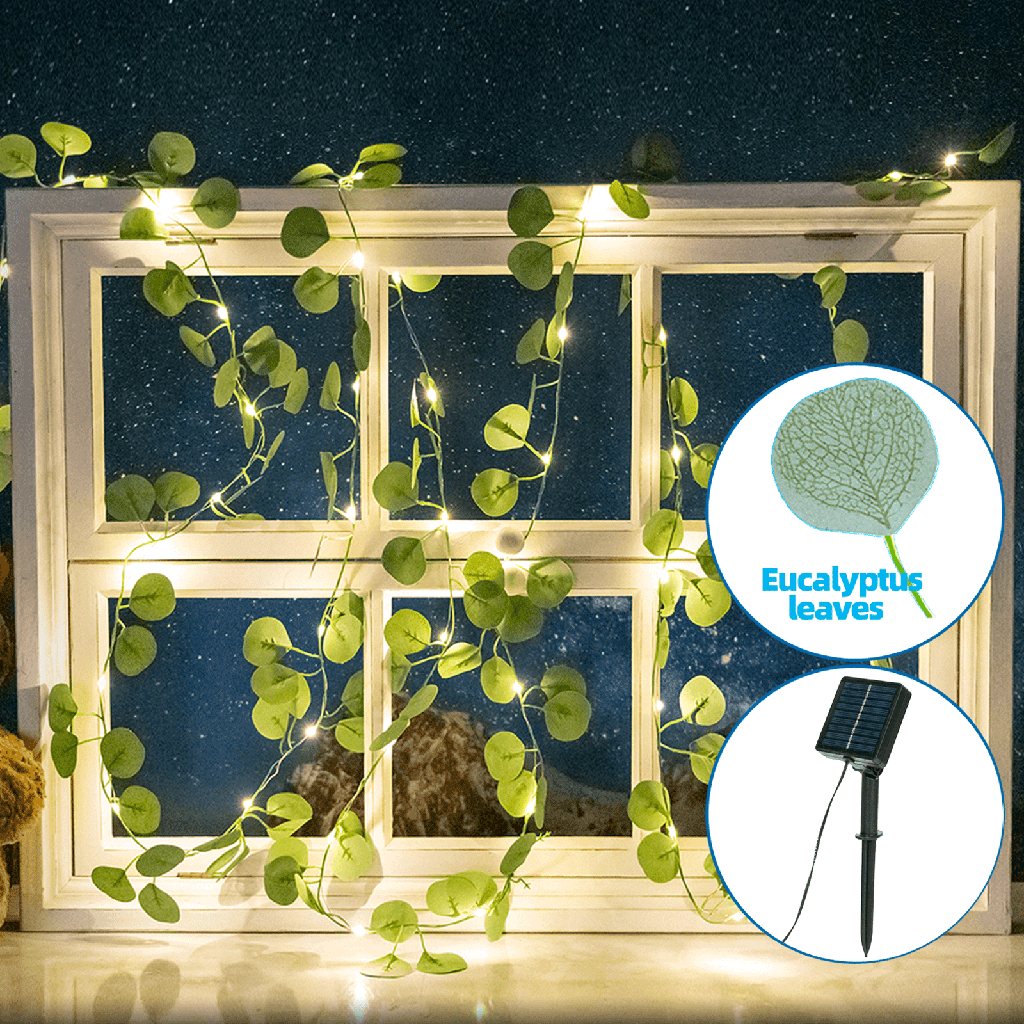 Solar-powered artificial plant, Linear Greenery, Eucalyptus leaves, dark green leaves, warm light, 2M+10M, 100 LEDs