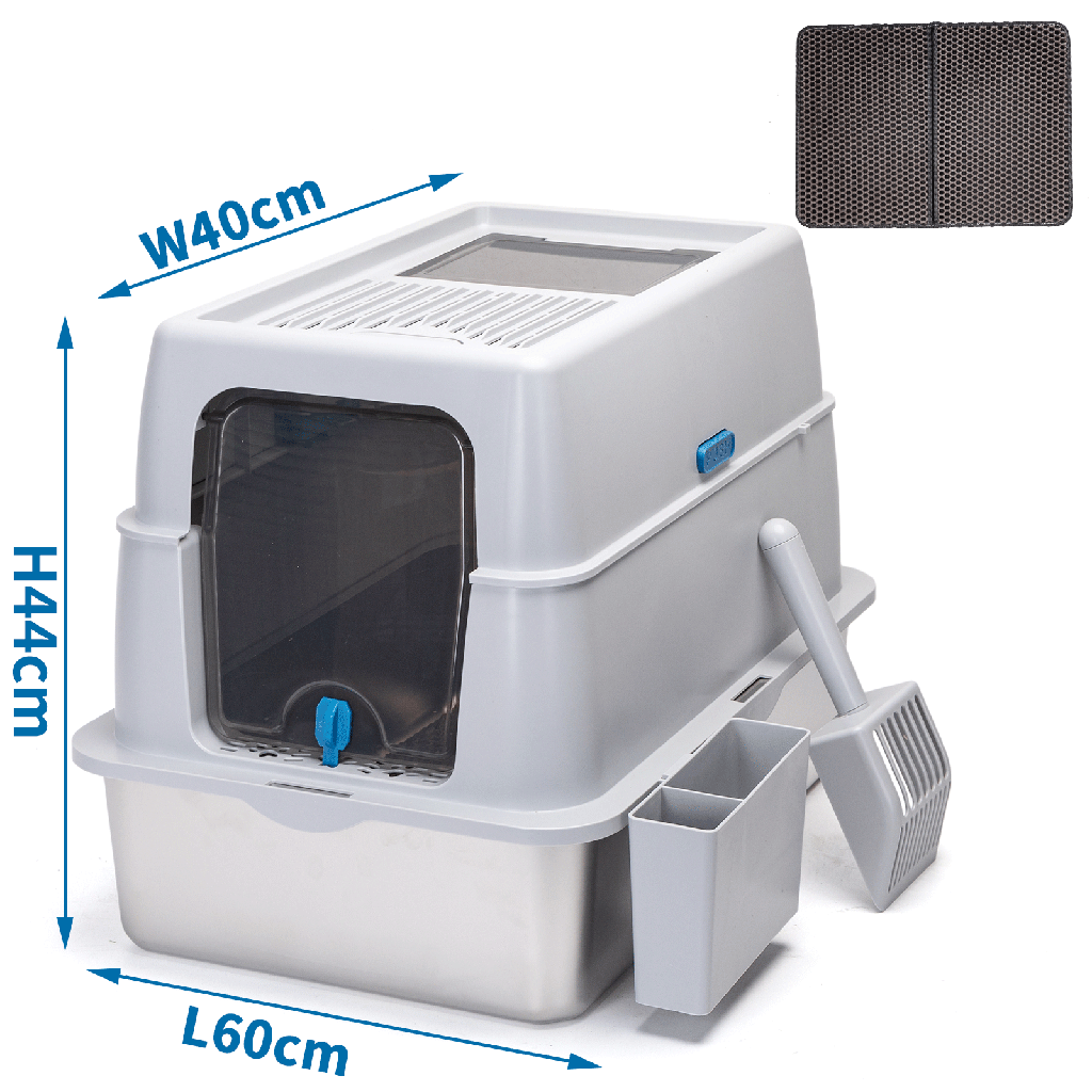 [B4030442R] Nobleza Closed Stainless Steel Cat Litter Box with Litter Mat and Scoop, 60" L x 40" W x 44" H, Gray