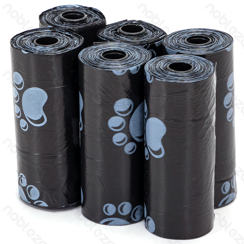 [B40703ZO0] Nobleza Dog Waste Bags with Paw Print, 23 cm wide x 32 cm long, 0.8 mil, Black, 6-pack