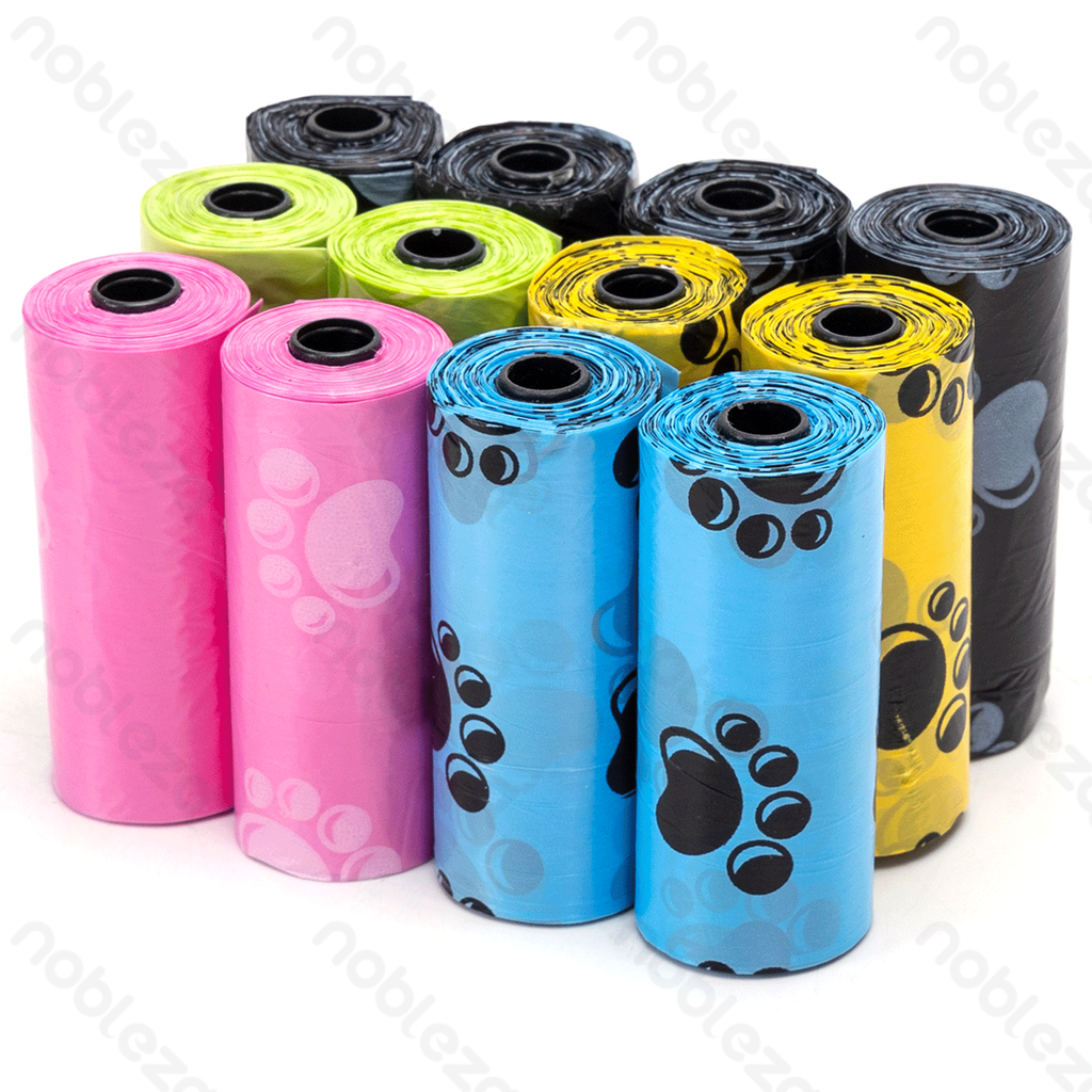 [B40703ZO3] Sacs poubelle Nobleza à motifs imprimés, L23 x l32 cm, 0,8 mil, noir, bleu, rose, vert et jaune, 12 pièces