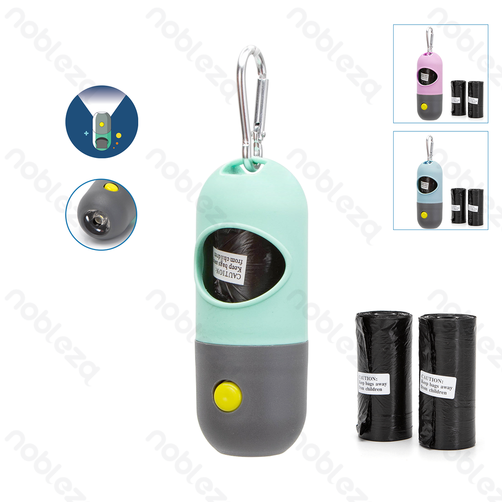 [B40704YIK] Nobleza Müllbeutelhalter mit Taschenlampe, silberne Schnalle, L 32 × B 23 cm, blau, grün und rosa; inklusive 3 Müllbeutel