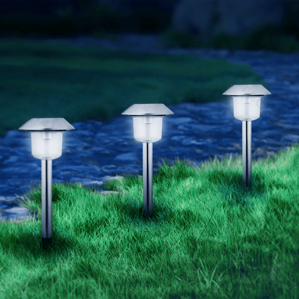 [B10201OQ0] Éclairage d'ambiance LED solaire pour jardin, colonne en acier inoxydable à rayures verticales, 6500 K