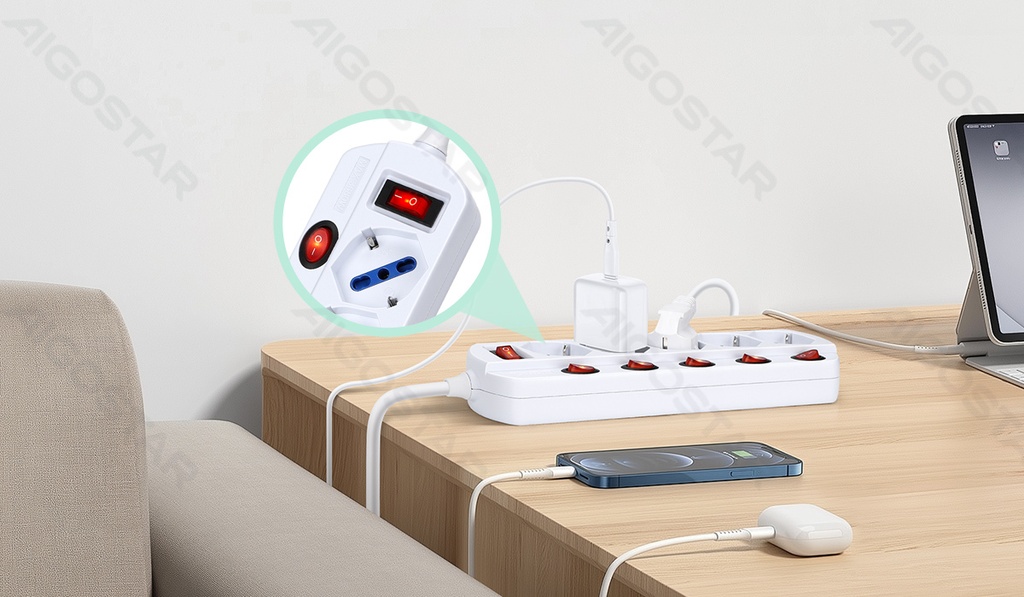 [B201033IO] Aigostar Italiaanse 5-voudige stekkerdoos 1 5 m 3G1 0 mm² wit