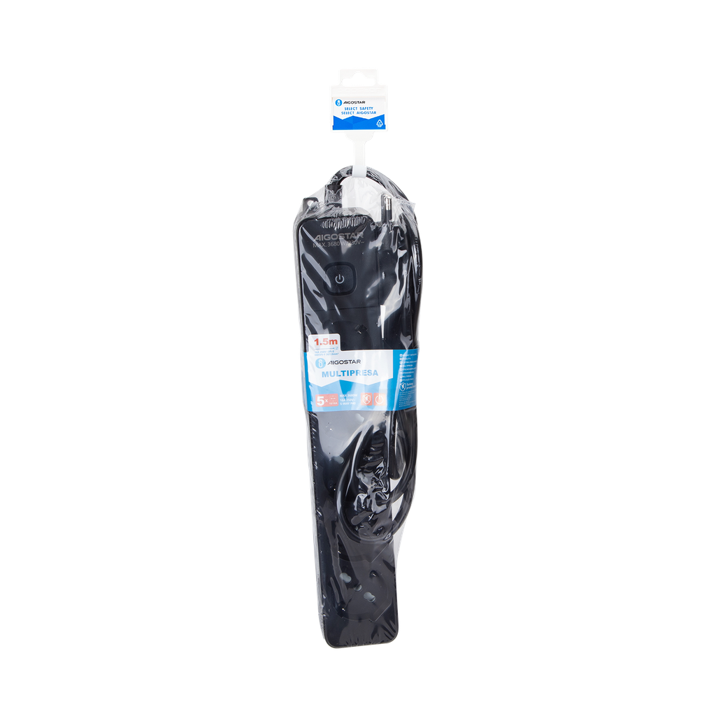 [B20103GN0] Aigostar Italiaanse 5-voudige stekkerdoos met schakelaar 16A 1.5M 3G1.0mm² zwart