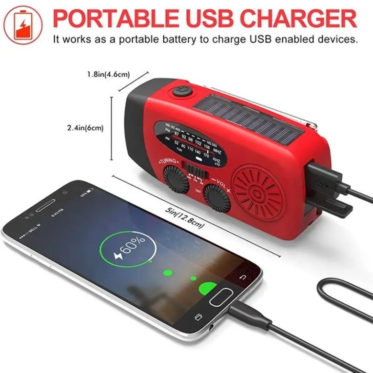 [EWP-NOODRADIO-2] Noodradio FM met oplaadbare batterij, zonnepaneel en handslinger