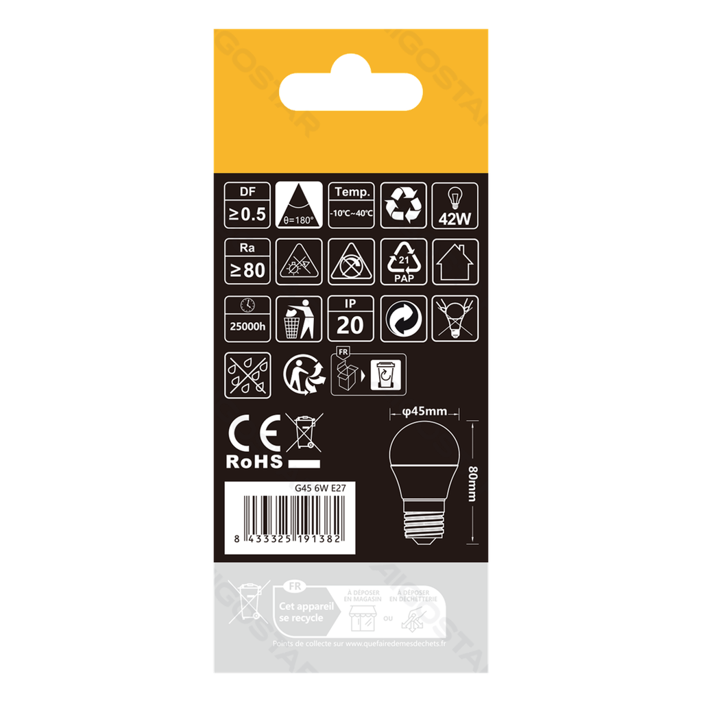 [B10105MQW] LED G45 E27 6W 3000K
