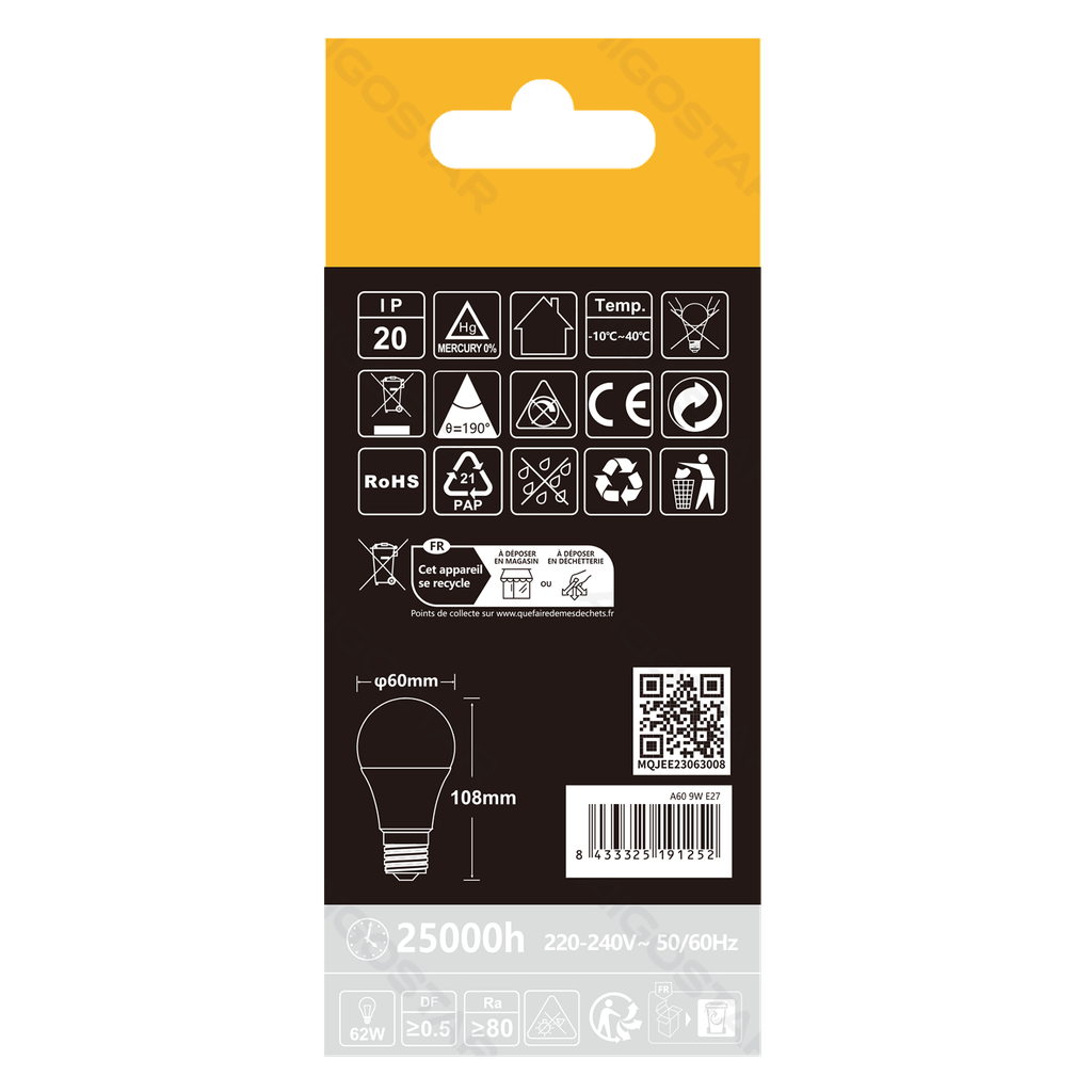 [B10105MQJ] LED A60 E27 9W 3000k