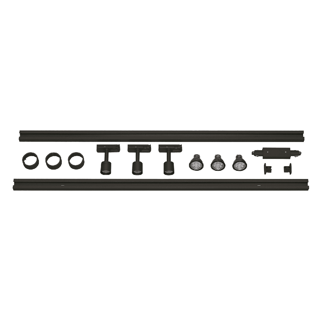 1-Fase rail set, zwart, 2x1m, incl. 3x PURI spot en LED lampen