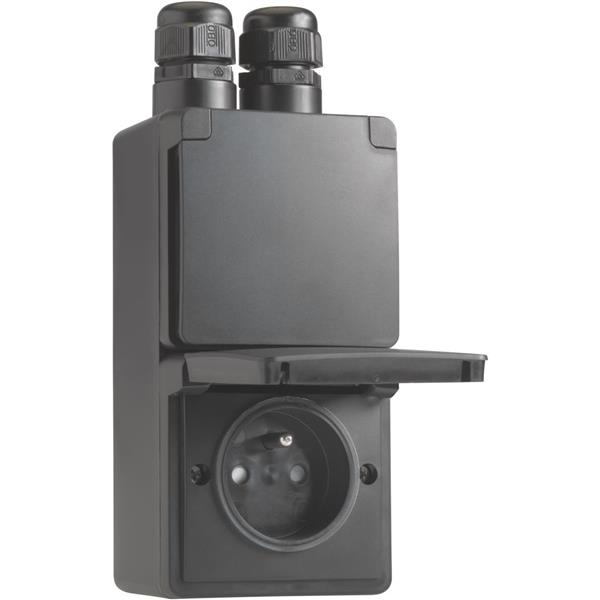 [5484021] NIKO - Hydro spuitwaterdicht dubbel vert. stopcontact met penaarde, schroef, zwart - 761-37730