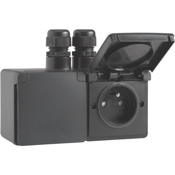 [5489754] NIKO - Hydro spuitwaterdicht dubbel hor. stopcontact met penaarde, schroef, zwart - 761-37749