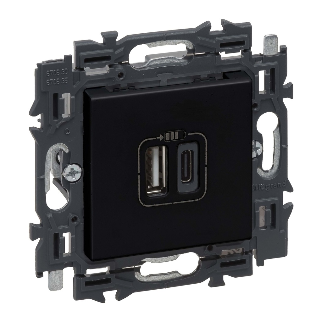 Valena Next contactdoos 2xUSB type A+C volledig apparaat zwart met spanklauwen